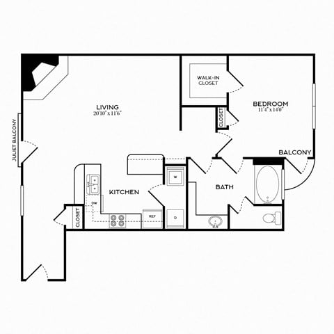 Floor plan for 1 bed, 1 bath, 911 sqft